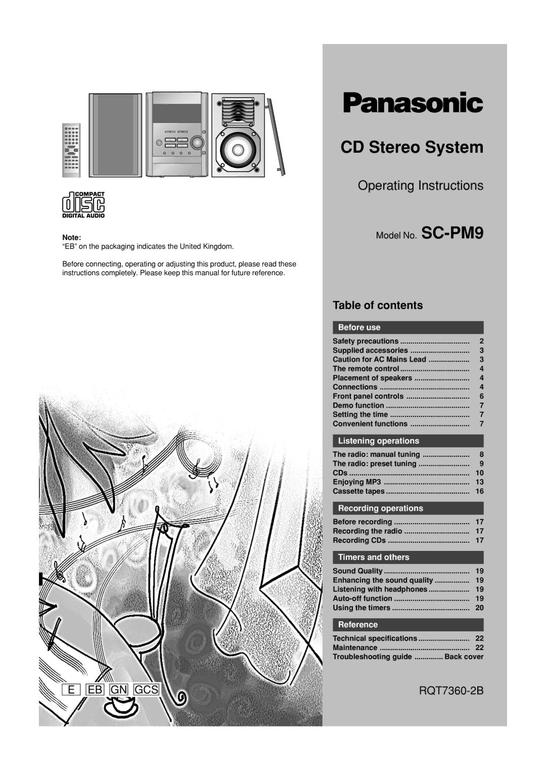 Panasonic SC-PM9 technical specifications CD Stereo System, Table of contents 