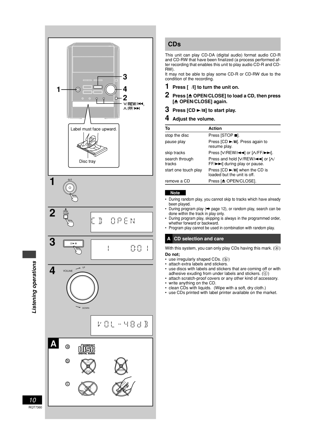 Panasonic SC-PM9 technical specifications CDs, CD selection and care, Label must face upward Disc tray, Action 