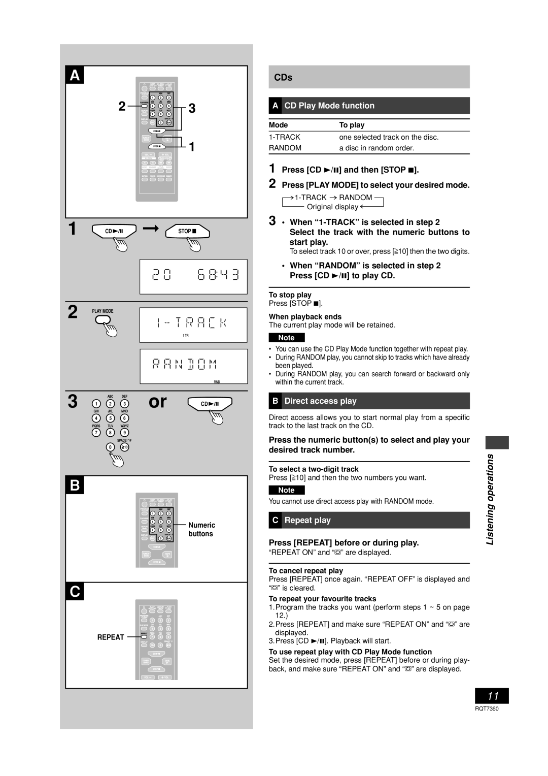 Panasonic SC-PM9 technical specifications CDs, CD Play Mode function, Direct access play, Repeat play 