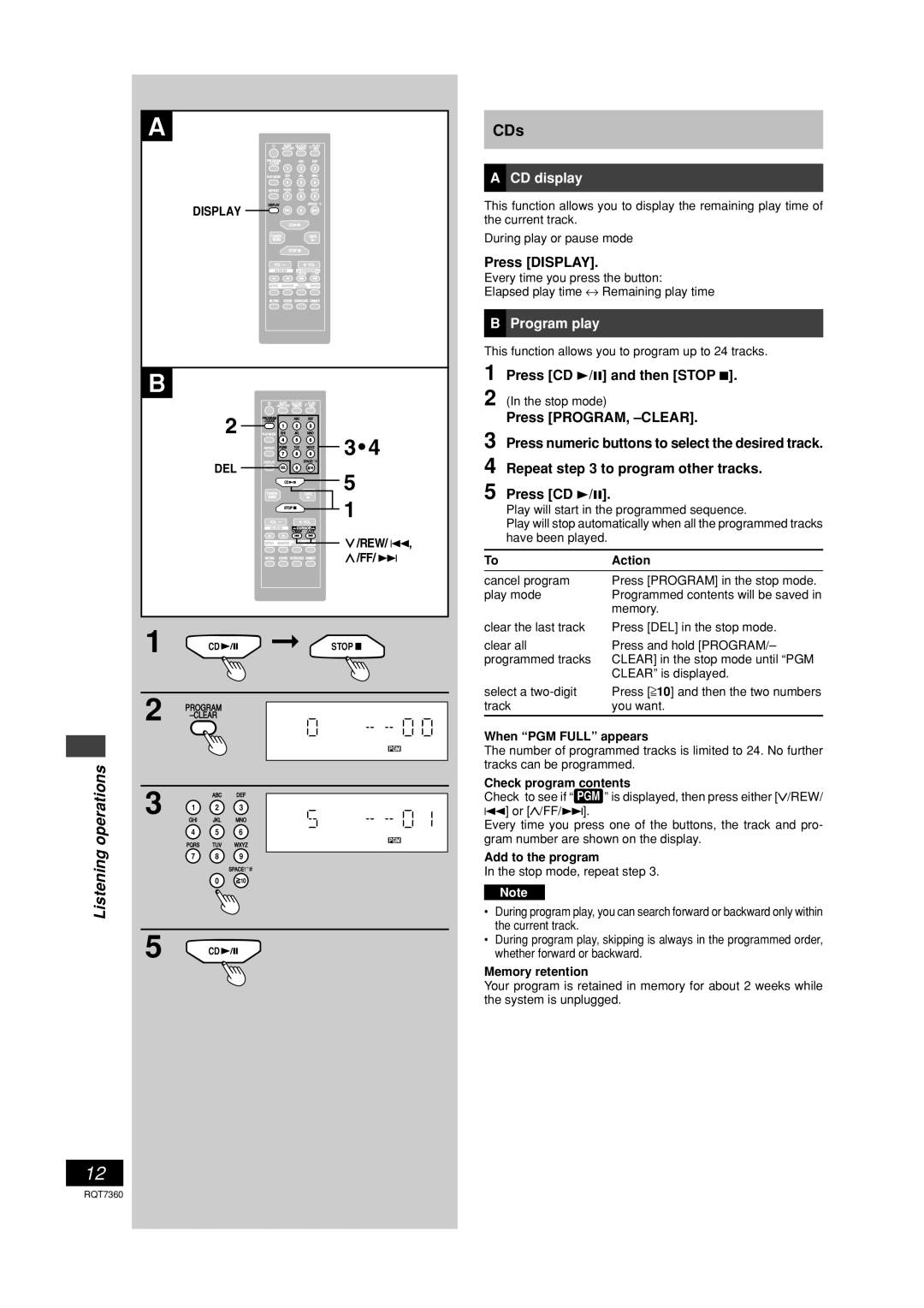 Panasonic SC-PM9 technical specifications CD display, Press Display, Program play, Del 