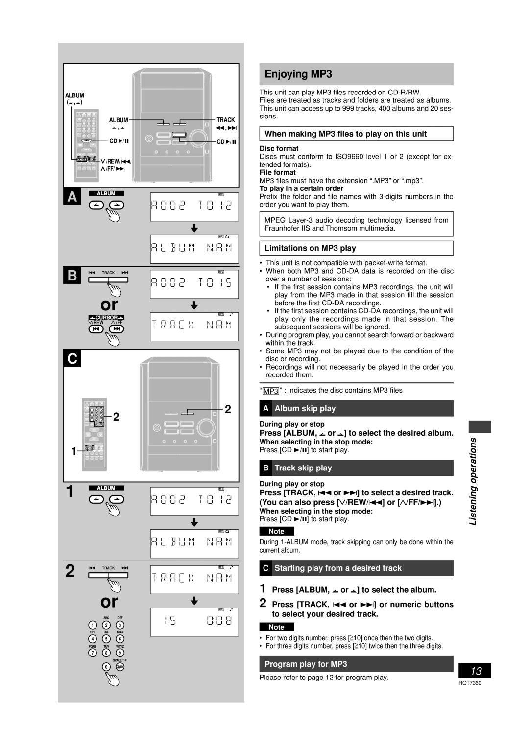 Panasonic SC-PM9 Enjoying MP3, Album skip play, Track skip play, Starting play from a desired track, Program play for MP3 