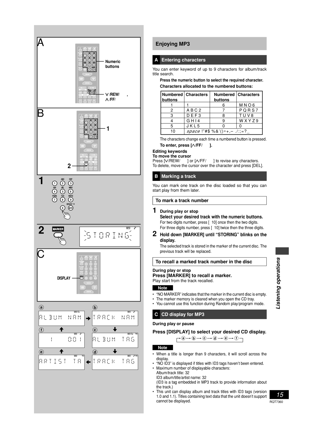 Panasonic SC-PM9 technical specifications Entering characters, Marking a track, CD display for MP3 