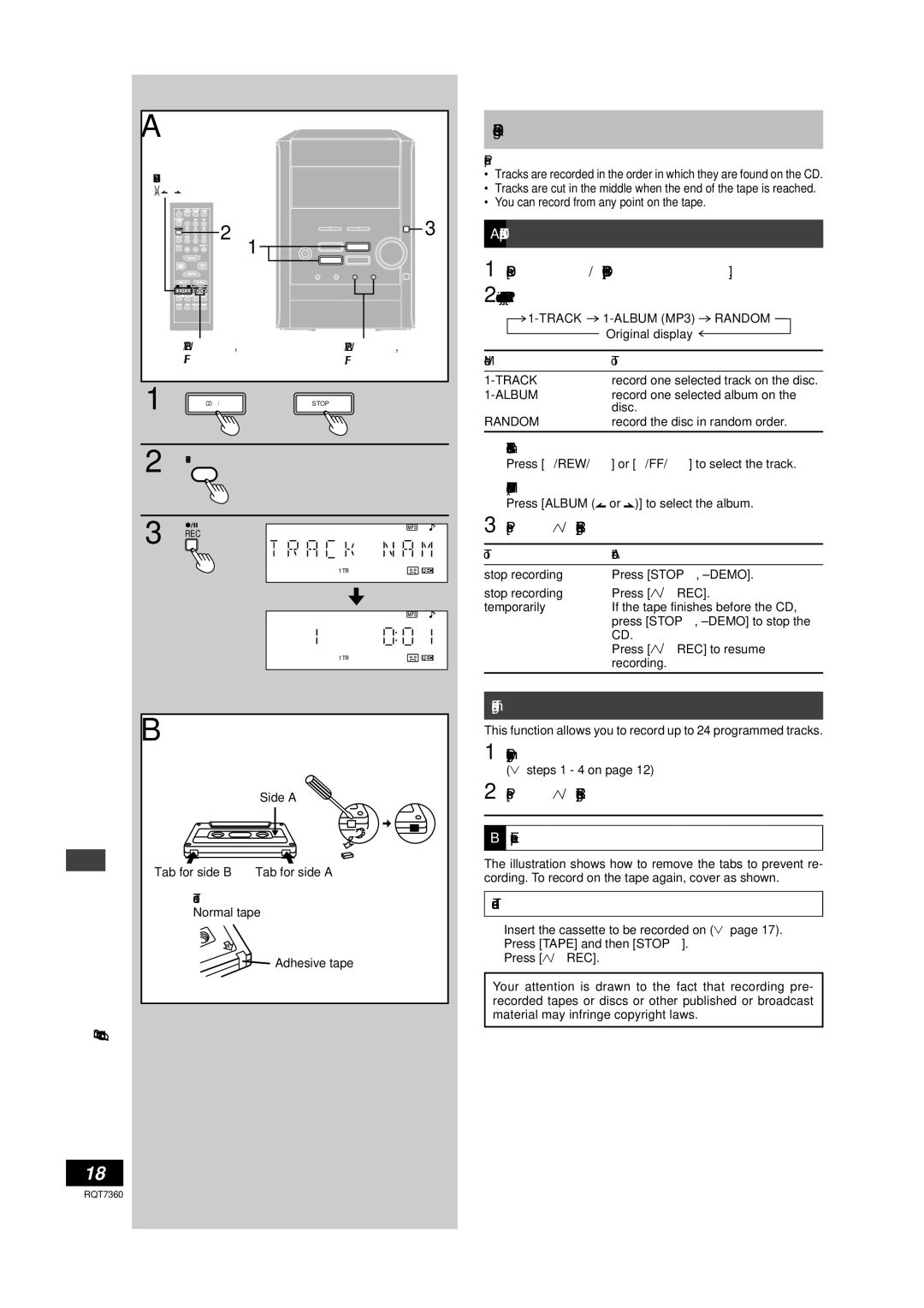 Panasonic SC-PM9 technical specifications Recording CDs, To record specific CDs/tracks, To record programmed tracks 