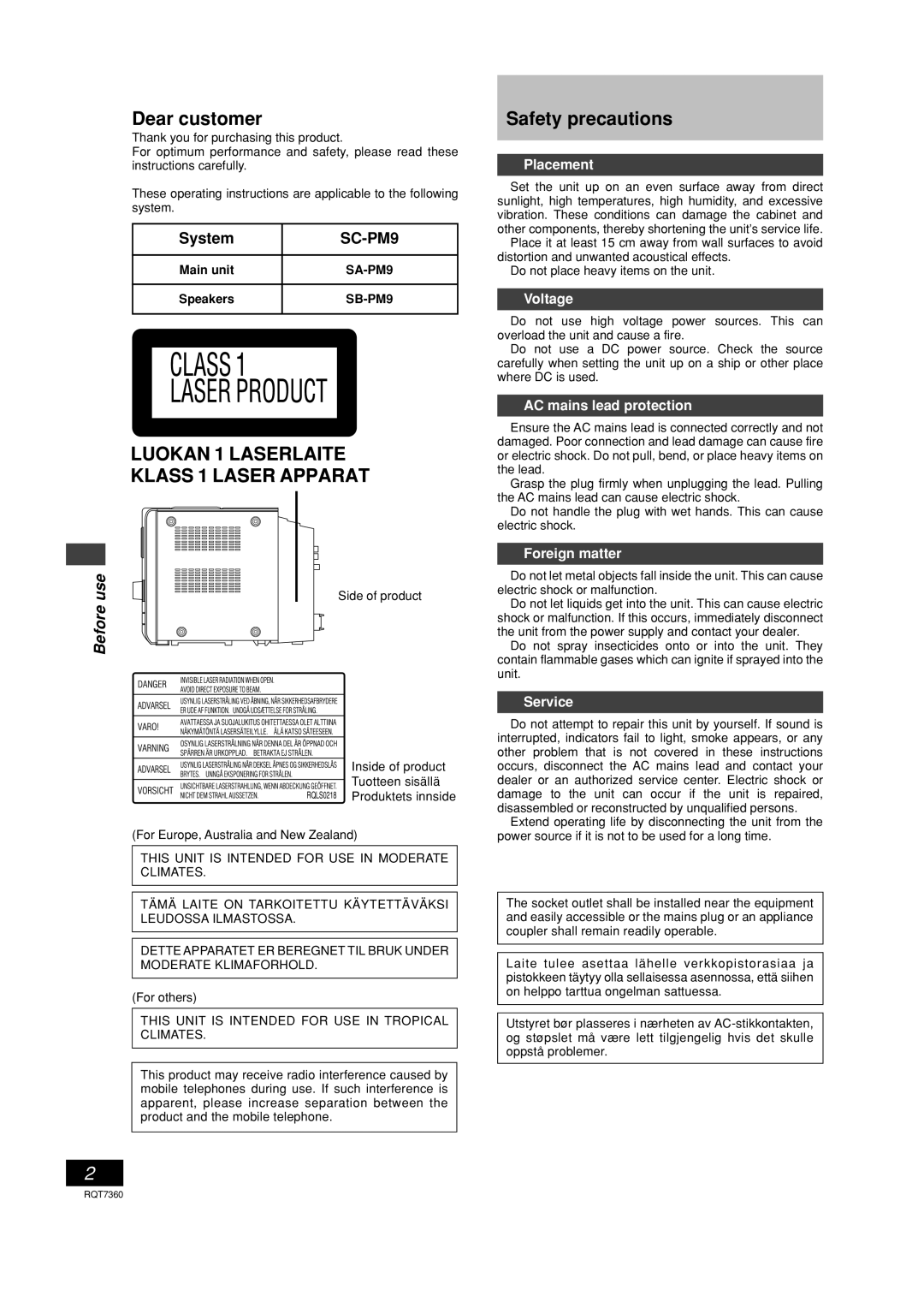 Panasonic SC-PM9 technical specifications Dear customer, Safety precautions, System 