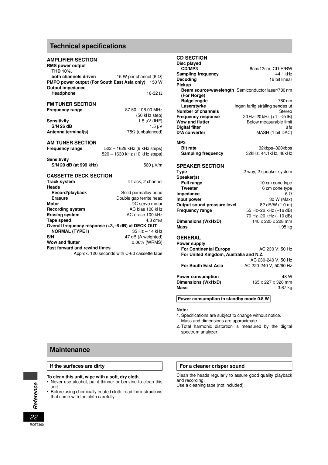 Panasonic SC-PM9 Technical specifications, Maintenance, If the surfaces are dirty, For a cleaner crisper sound 