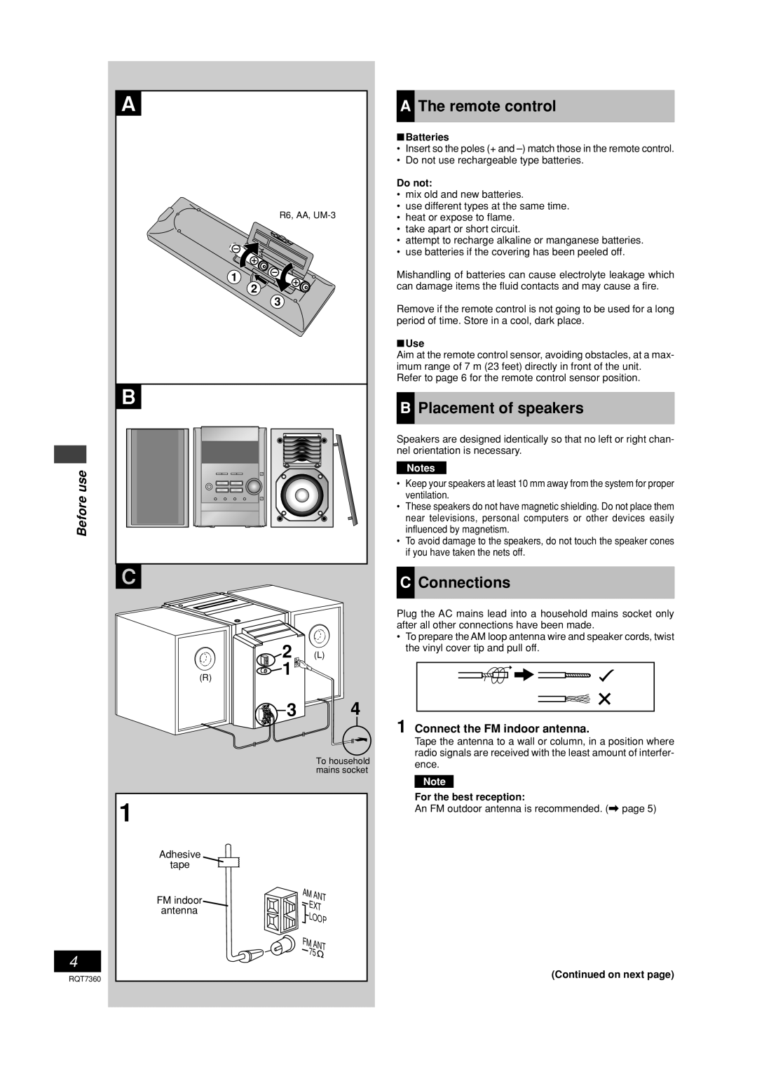 Panasonic SC-PM9 technical specifications Remote control, Placement of speakers, Connections, Connect the FM indoor antenna 