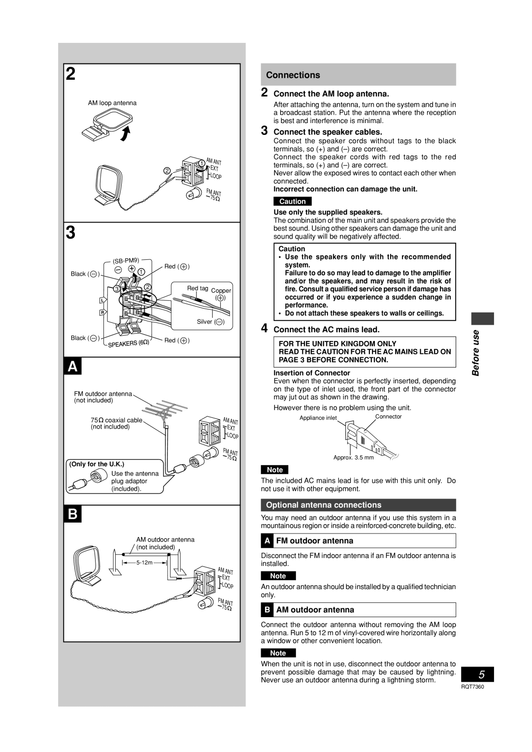 Panasonic SC-PM9 technical specifications Connections, Optional antenna connections 