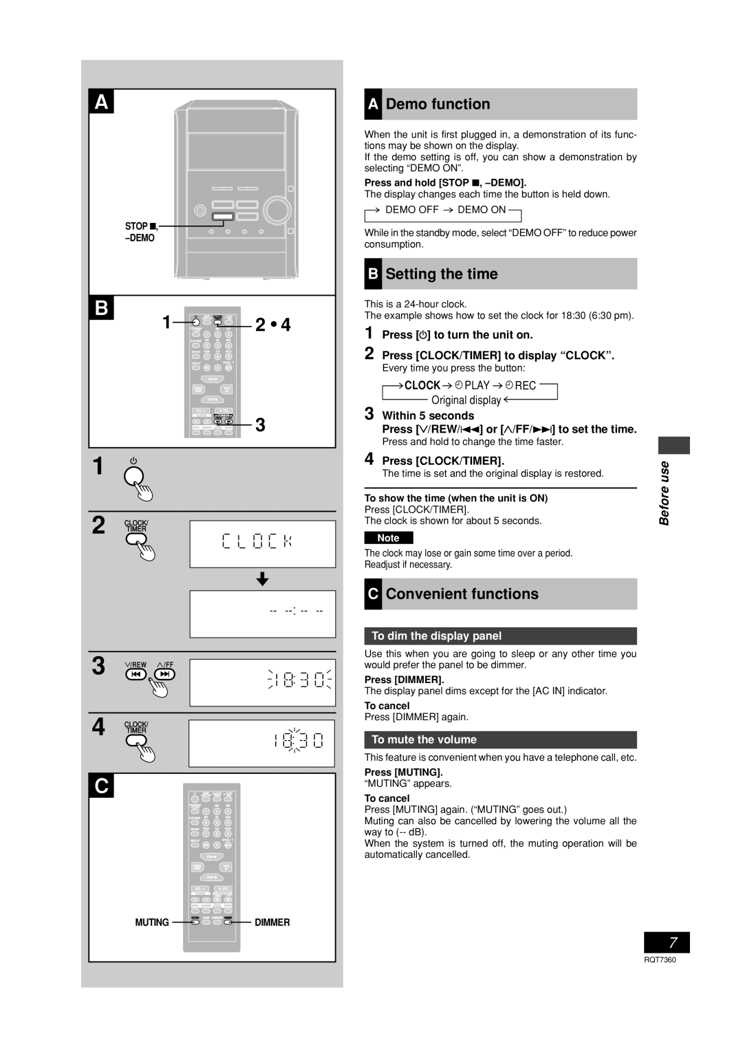 Panasonic SC-PM9 Demo function, Setting the time, Convenient functions, To dim the display panel, To mute the volume 