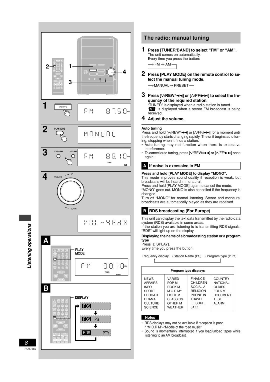 Panasonic SC-PM9 Radio manual tuning, Press TUNER/BAND to select FM or AM, Adjust the volume, If noise is excessive in FM 