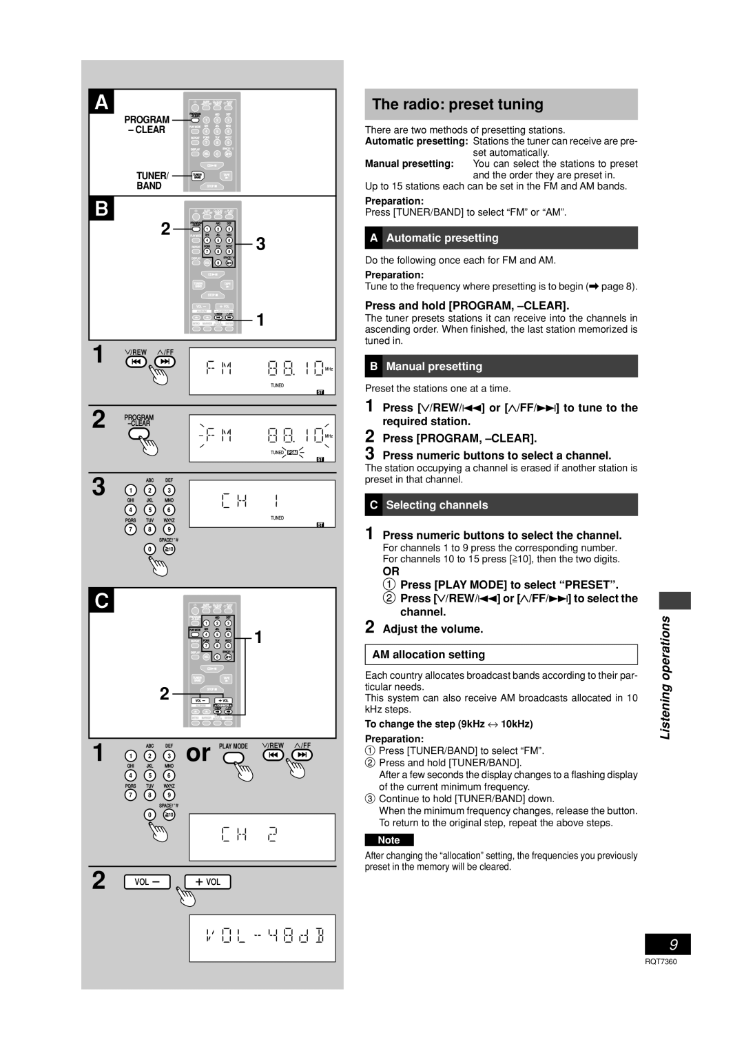 Panasonic SC-PM9 technical specifications Radio preset tuning, Automatic presetting, Manual presetting, Selecting channels 