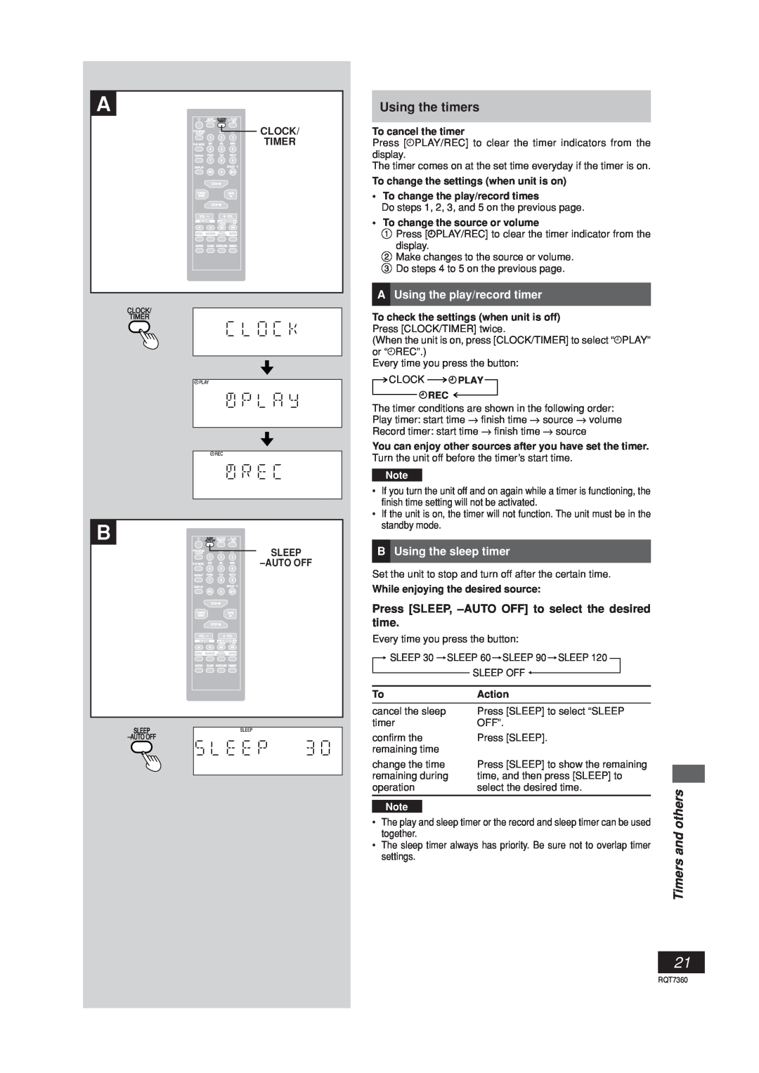 Panasonic SC-PM9 technical specifications Using the timers, Timers, A Using the play/record timer, B Using the sleep timer 