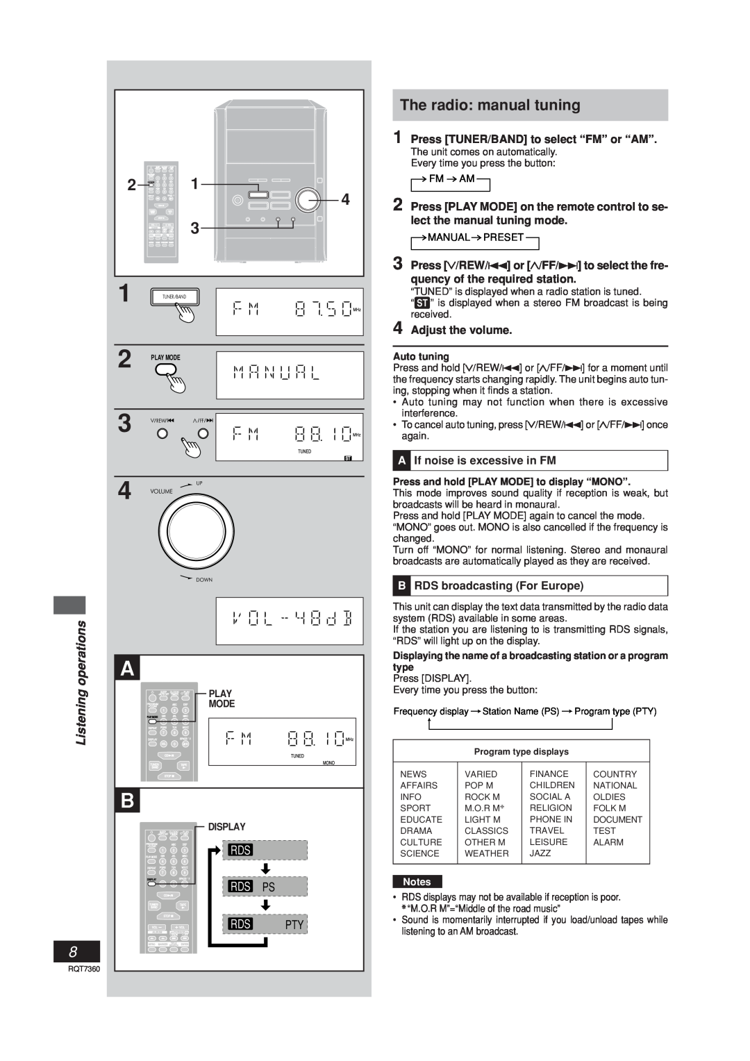 Panasonic SC-PM9 The radio manual tuning, Listening operations, Press TUNER/BAND to select “FM” or “AM”, Adjust the volume 