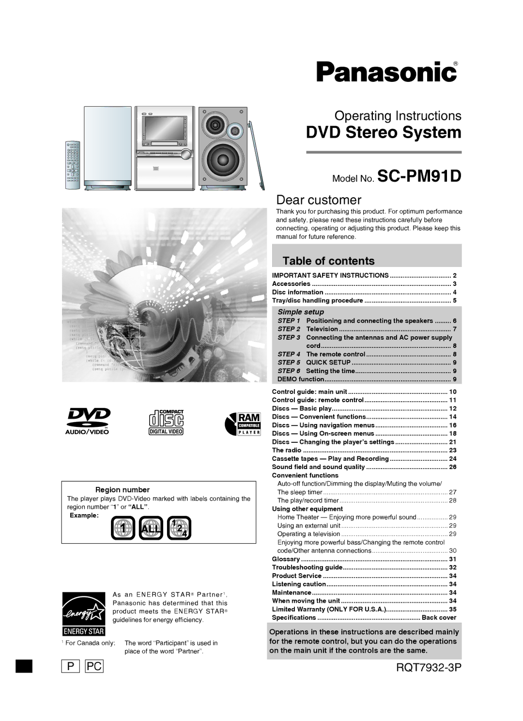 Panasonic SC-PM91D important safety instructions DVD Stereo System, Table of contents 