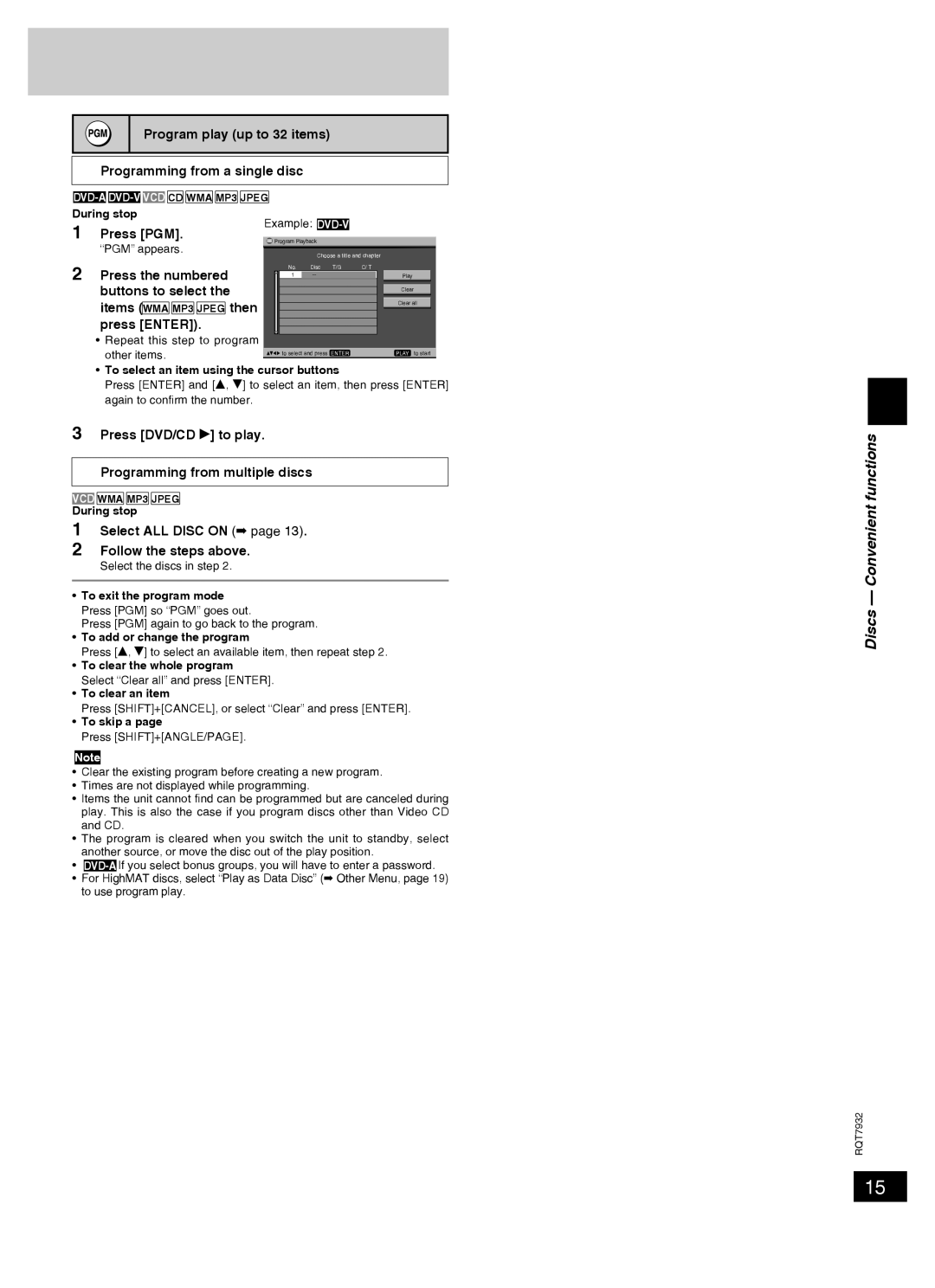 Panasonic SC-PM91D important safety instructions Discs Convenient functions 