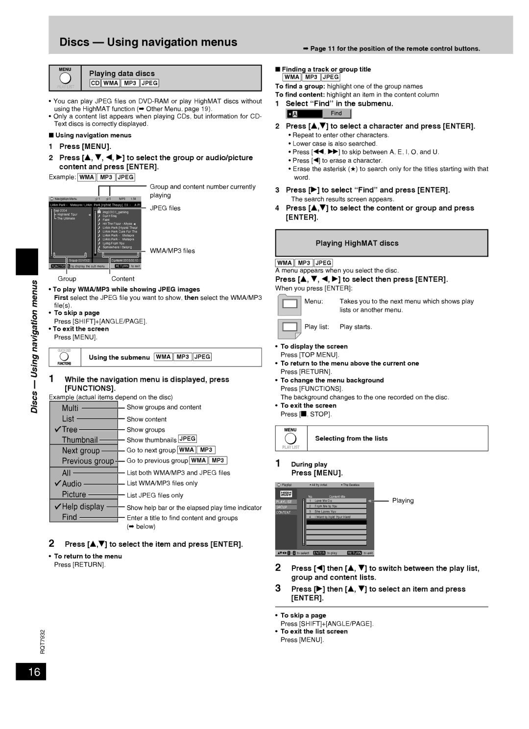 Panasonic SC-PM91D important safety instructions Discs Using navigation menus 