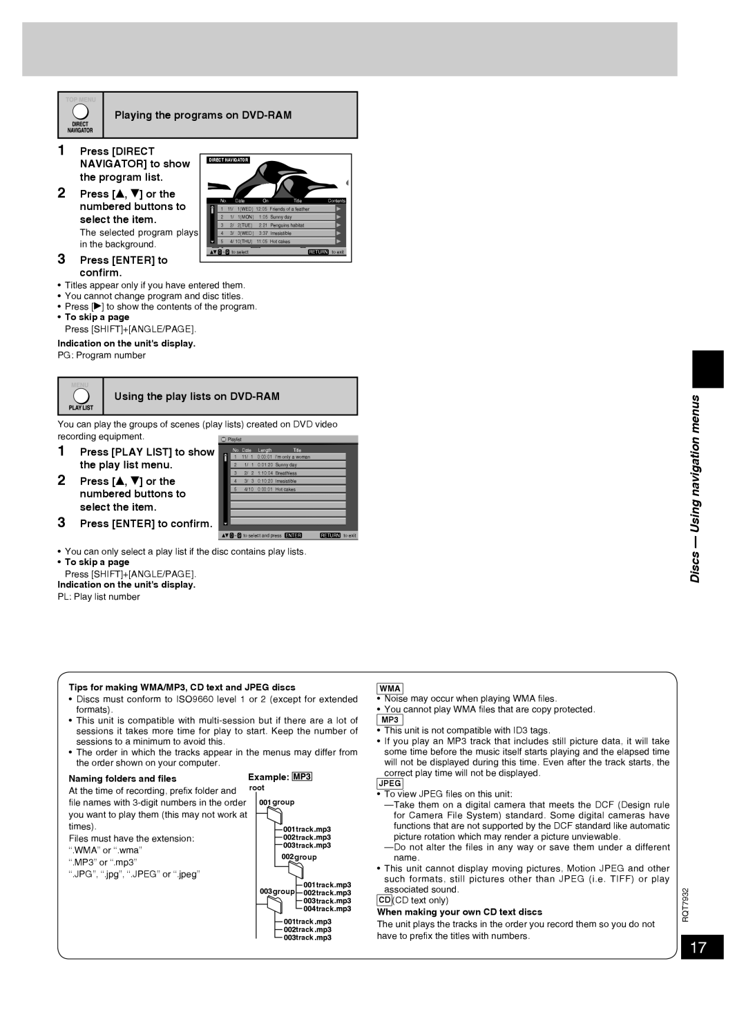 Panasonic SC-PM91D important safety instructions Discs Using navigation menus 