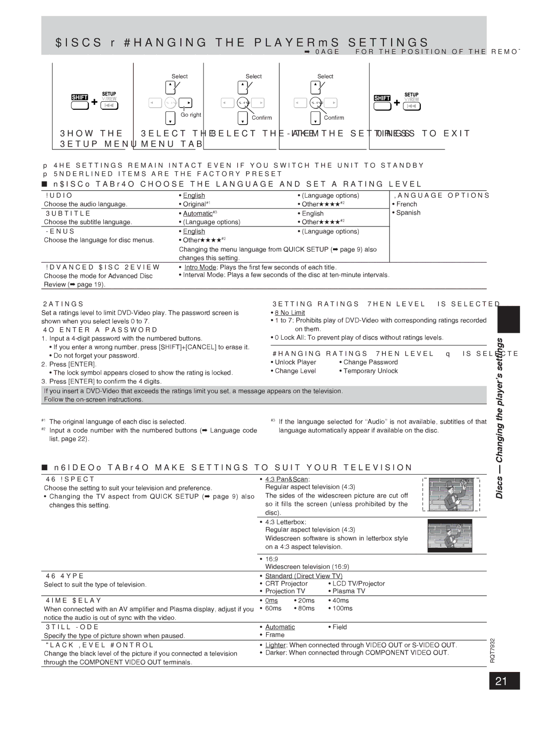 Panasonic SC-PM91D Discs Changing the player’s settings, Settings, Disc tab-To choose the language and set a rating level 