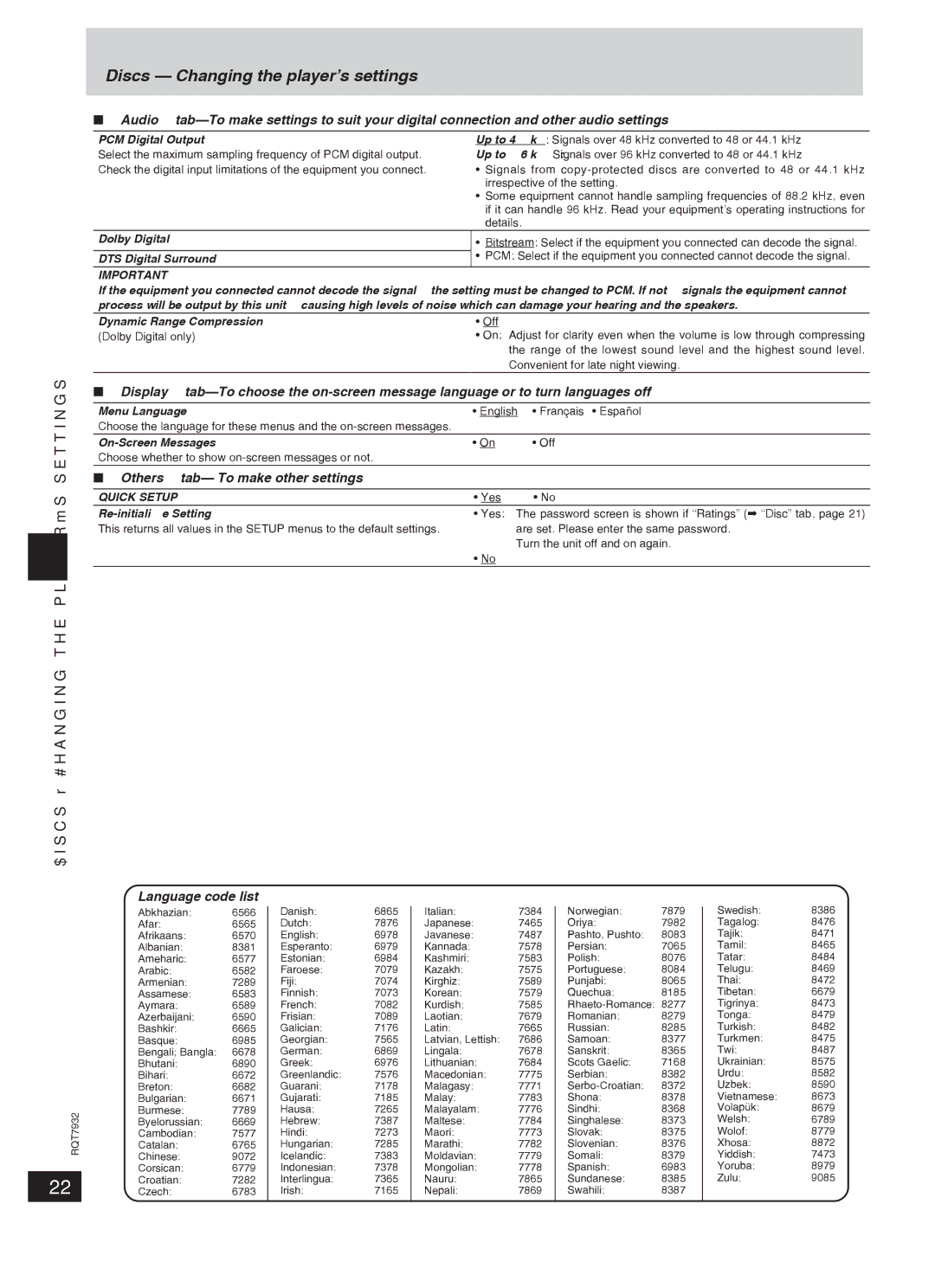 Panasonic SC-PM91D Discs Changing the player’s settings, Others tab- To make other settings, Language code list 