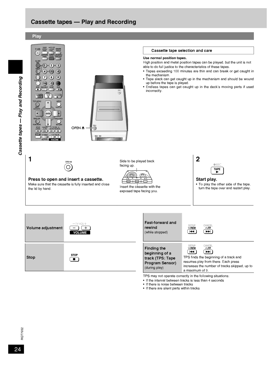 Panasonic SC-PM91D important safety instructions Cassette tapes Play and Recording 