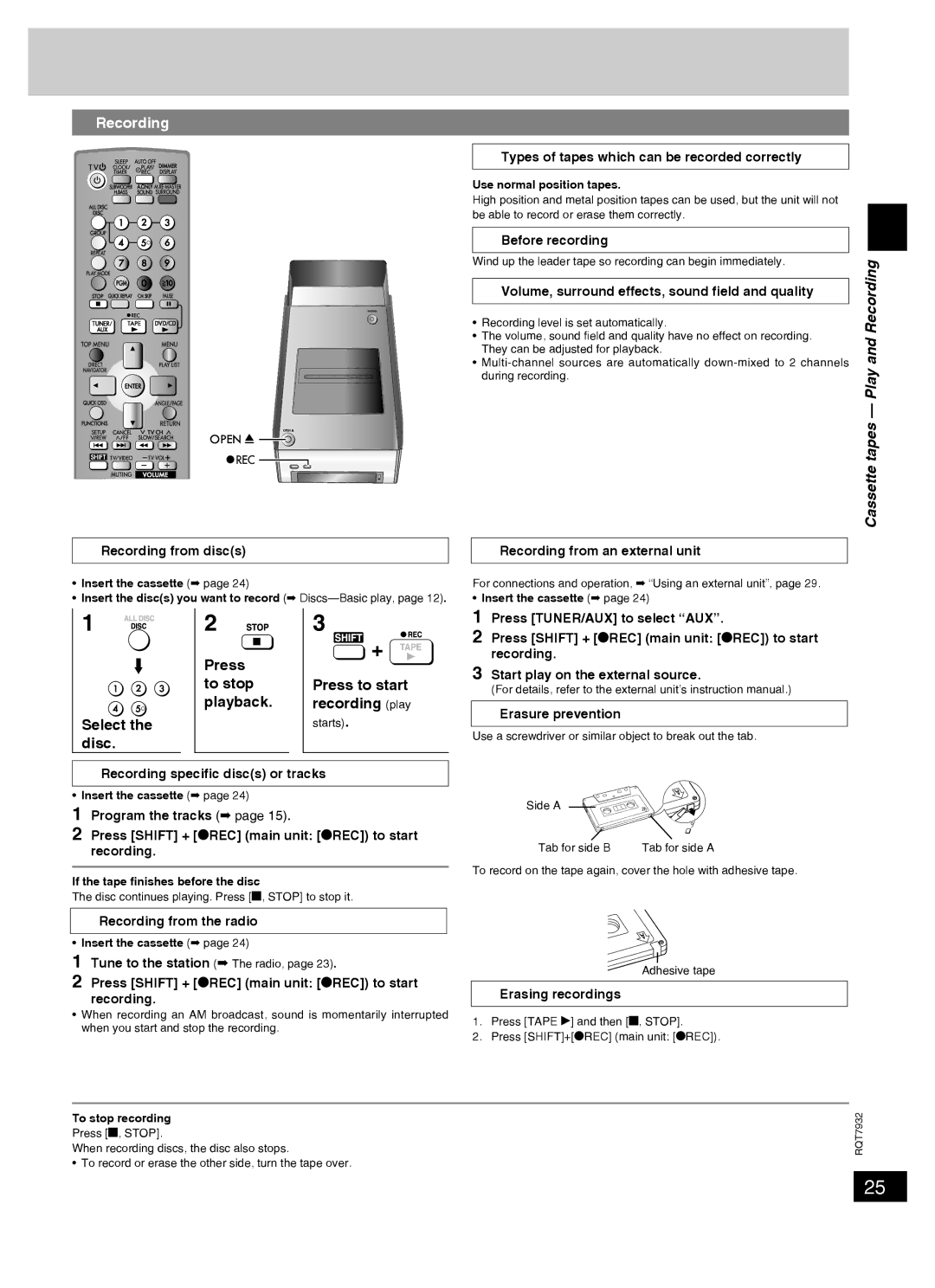 Panasonic SC-PM91D important safety instructions Recording, Cassette tapes Play 