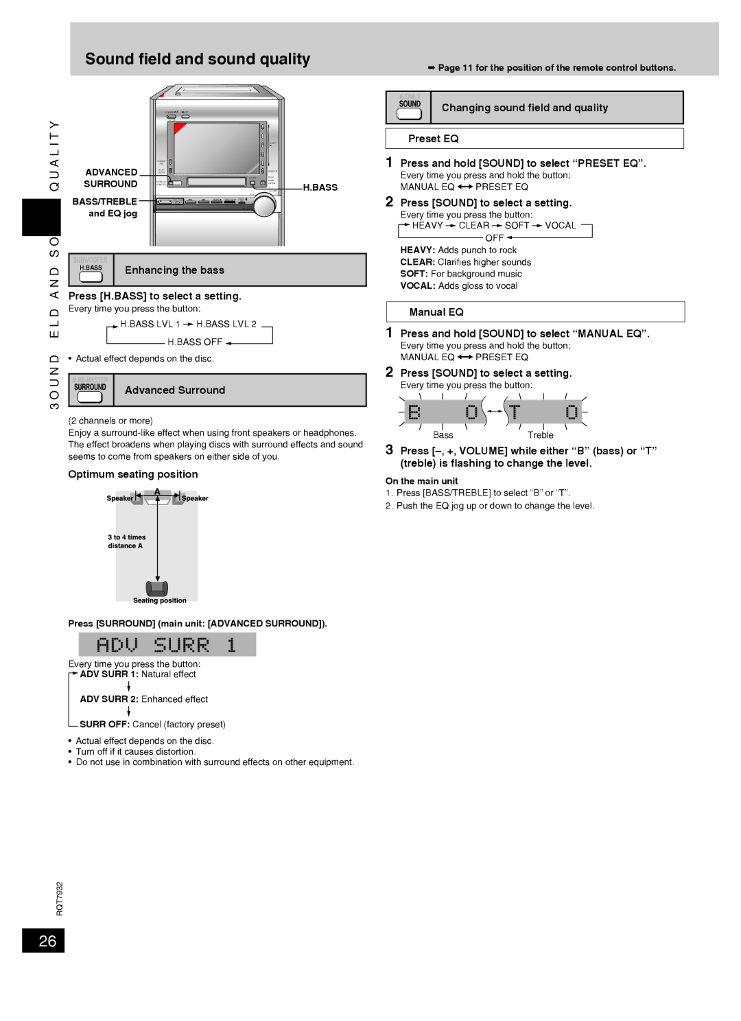 Panasonic SC-PM91D Sound ﬁeld and sound quality, Optimum seating position, Press Sound to select a setting 