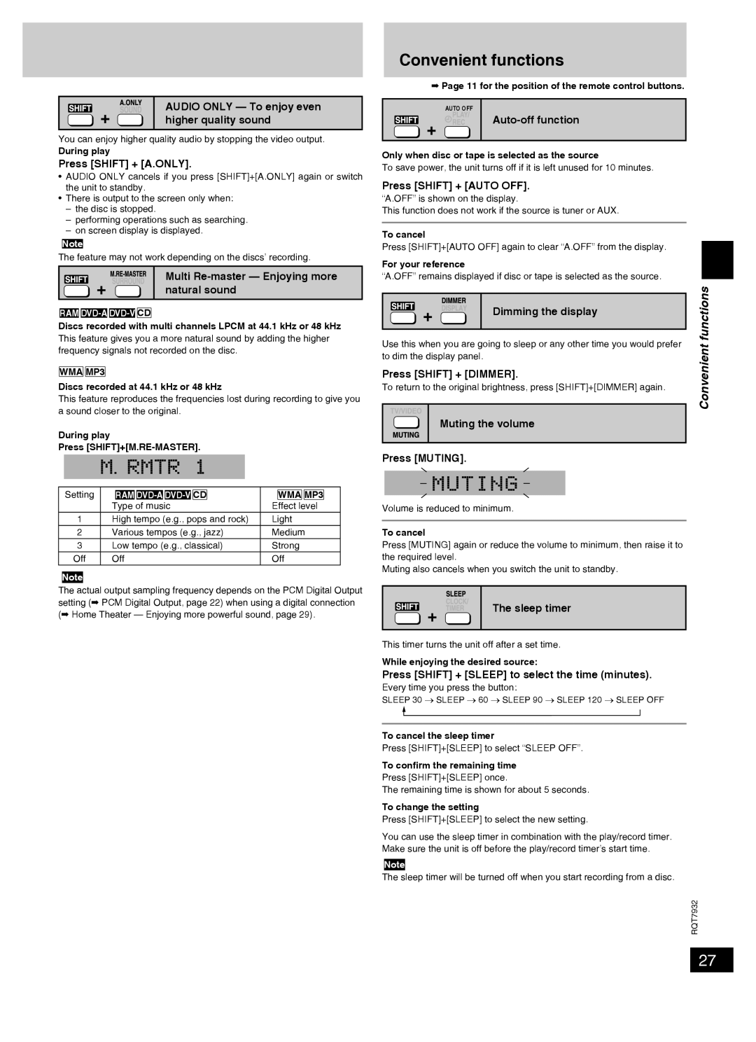 Panasonic SC-PM91D important safety instructions Convenient functions 