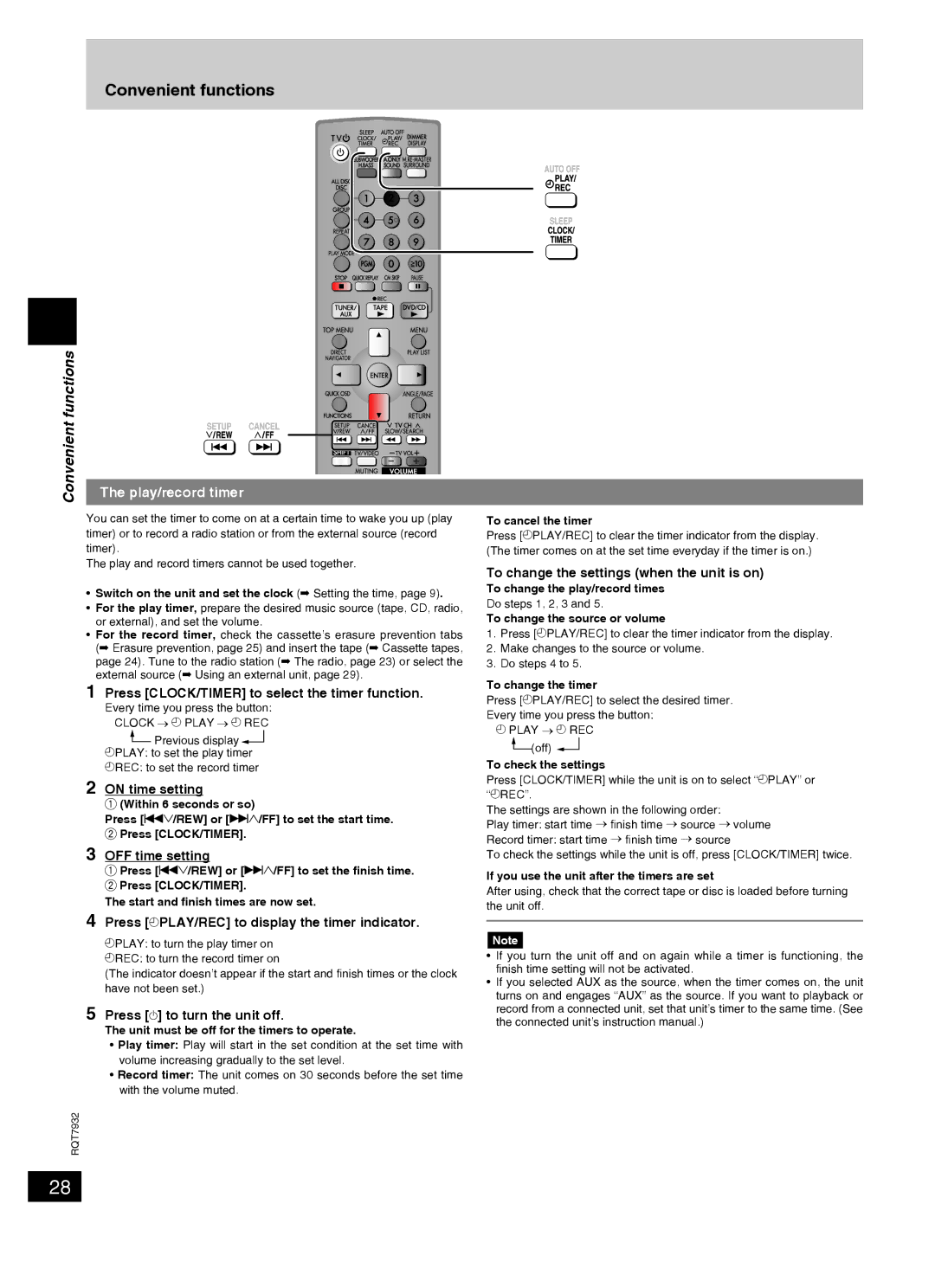 Panasonic SC-PM91D Press CLOCK/TIMER to select the timer function, On time setting, OFF time setting 