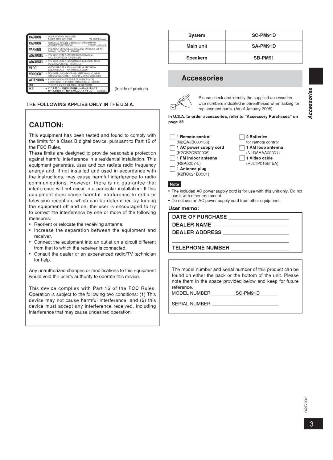 Panasonic SC-PM91D important safety instructions Accessories, System 