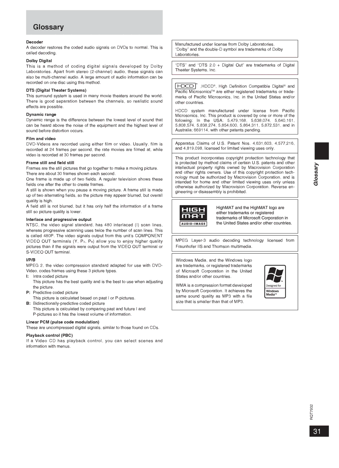 Panasonic SC-PM91D important safety instructions Glossary 