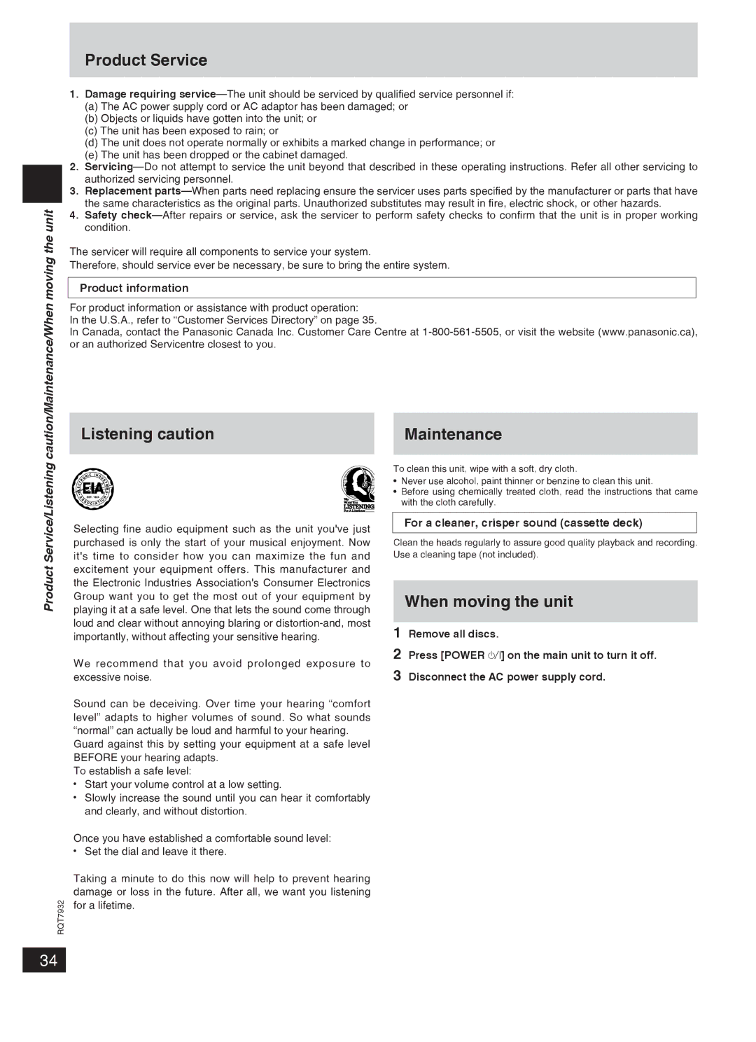 Panasonic SC-PM91D important safety instructions Product Service, Listening caution Maintenance, When moving the unit 