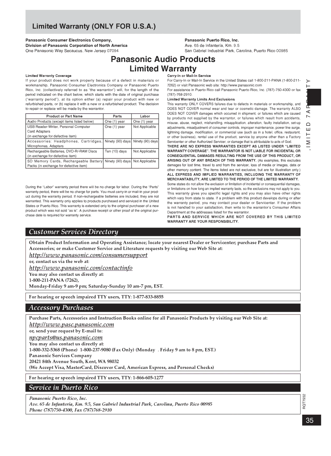 Panasonic SC-PM91D important safety instructions Limited Warranty only for U.S.A 