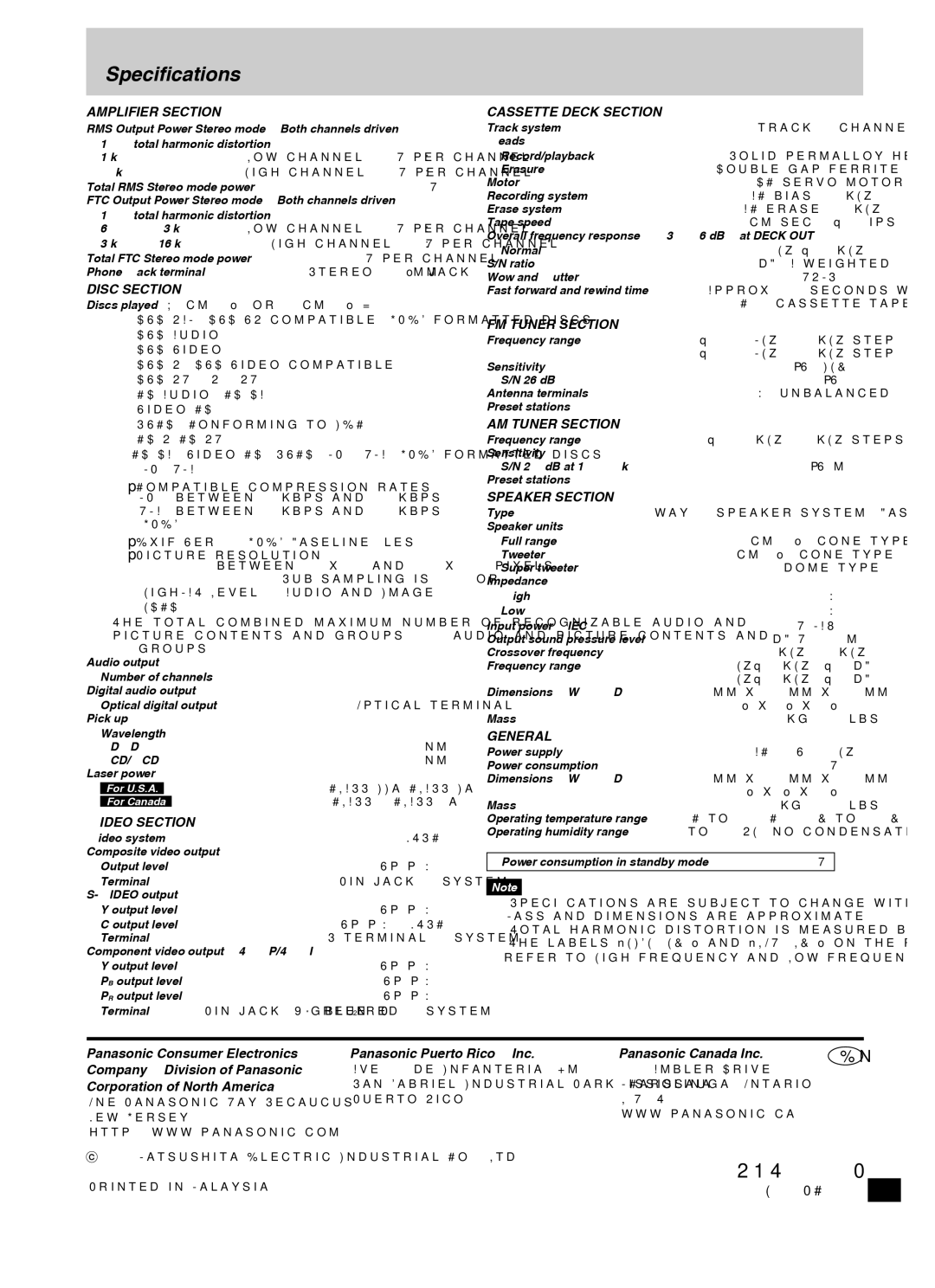 Panasonic SC-PM91D important safety instructions Speciﬁcations, Corporation of North America 