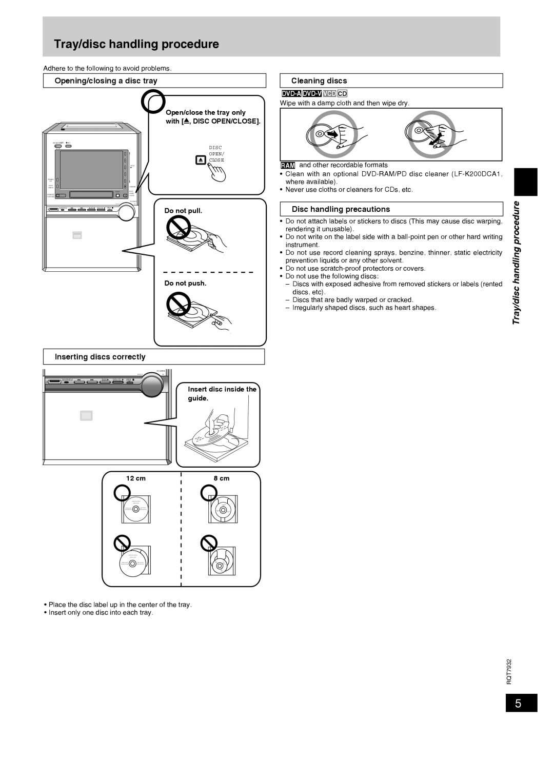 Panasonic SC-PM91D Tray/disc handling procedure, Opening/closing a disc tray Cleaning discs, Disc handling precautions 