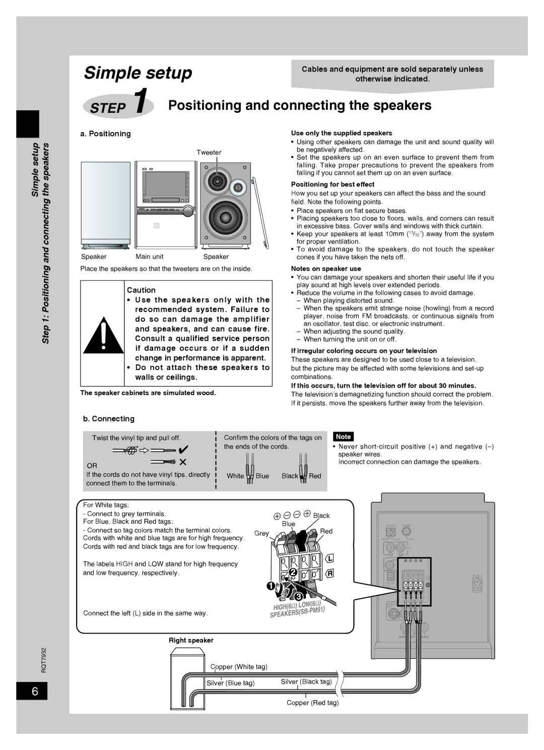 Panasonic SC-PM91D Simple setup Positioning and connecting the speakers, Do not attach these speakers to walls or ceilings 