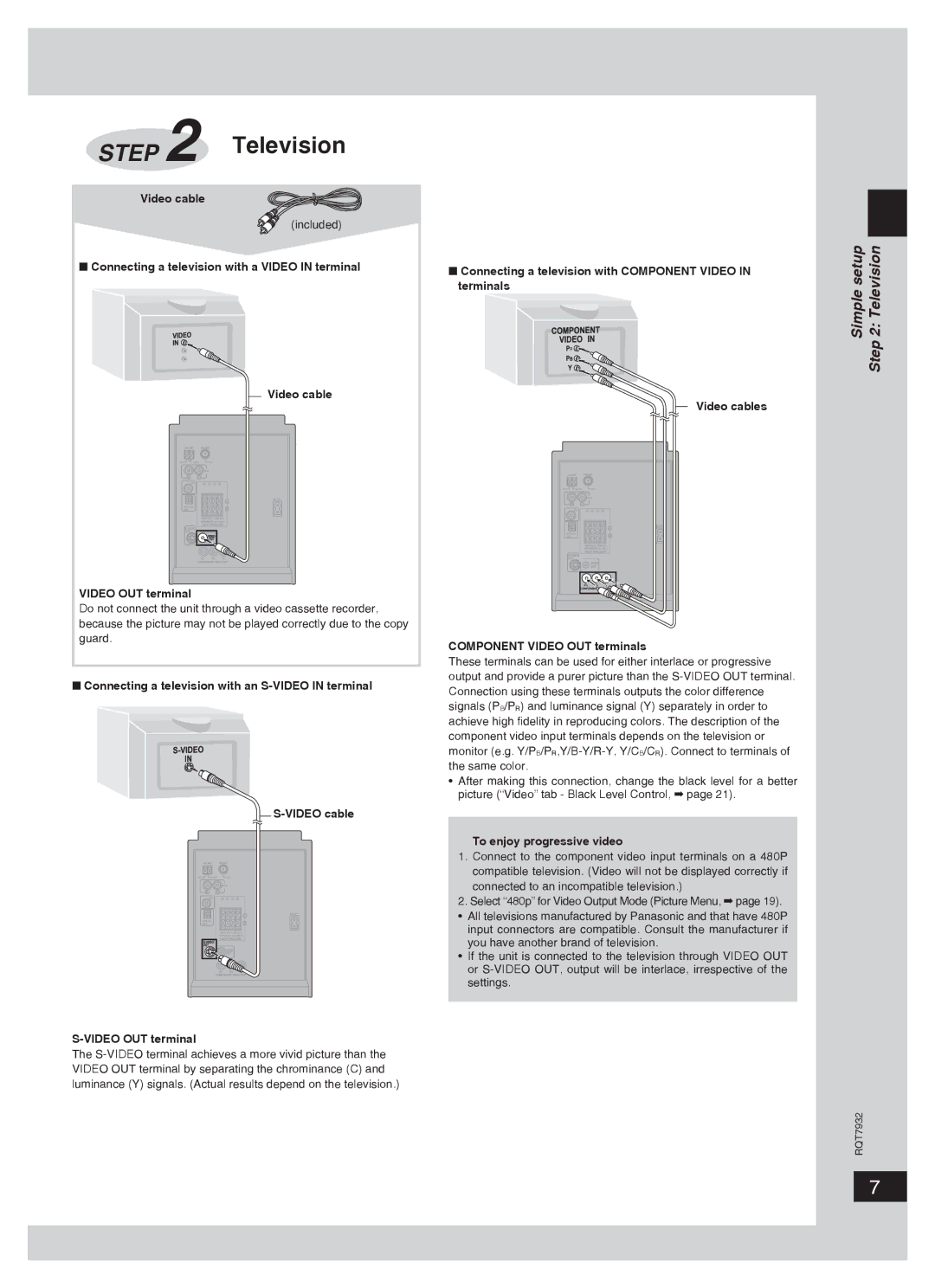 Panasonic SC-PM91D Simple setup Television, Component Video OUT terminals, To enjoy progressive video 