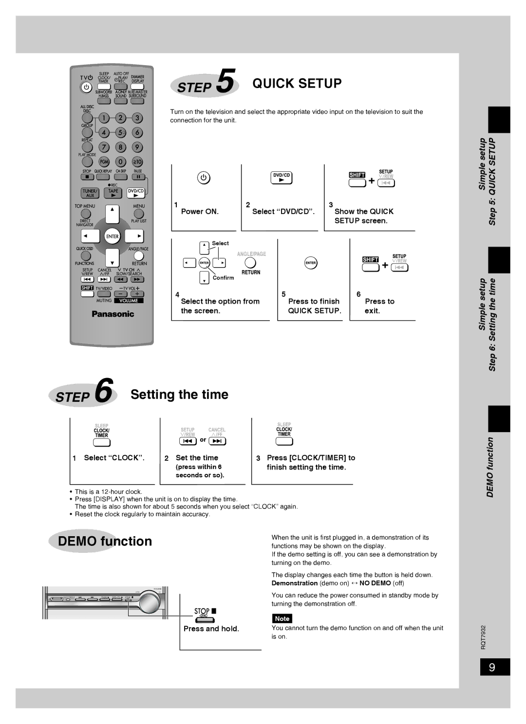 Panasonic SC-PM91D important safety instructions Simple setup Quick Setup, Simple setup Setting the time, Demo function 