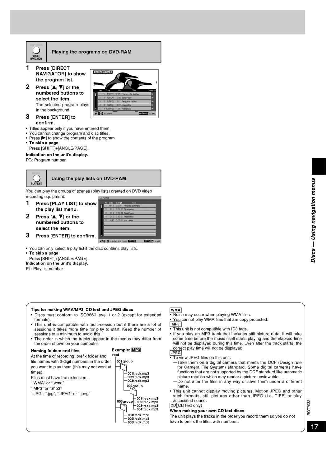 Panasonic SC-PM91D Discs - Using navigation menus, Press DIRECT NAVIGATOR to show the program list, To skip a page 