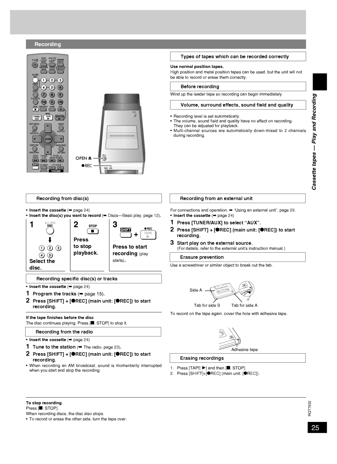 Panasonic SC-PM91D important safety instructions Recording, Cassette tapes - Play, Select the disc, Press to stop playback 