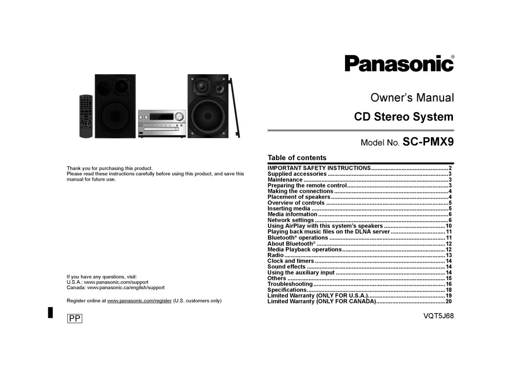 Panasonic SC-PMX9 owner manual CD Stereo System, Table of contents 