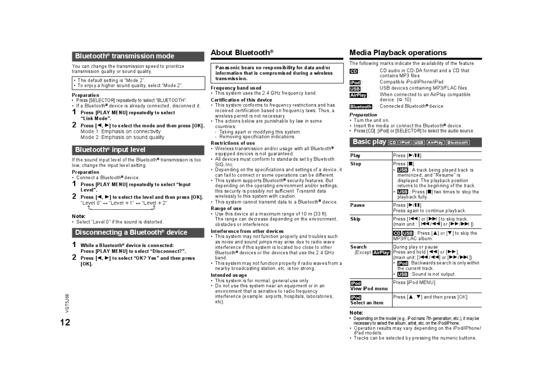 Panasonic SC-PMX9 owner manual Media Playback operations, Bluetooth Transmission mode, Bluetooth input level 