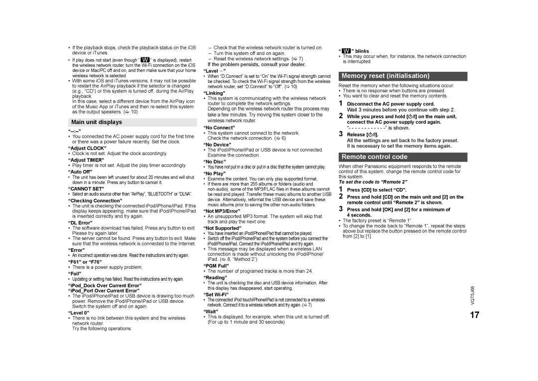 Panasonic SC-PMX9 owner manual Memory reset initialisation, Remote control code, Main unit displays, Cannot SET 