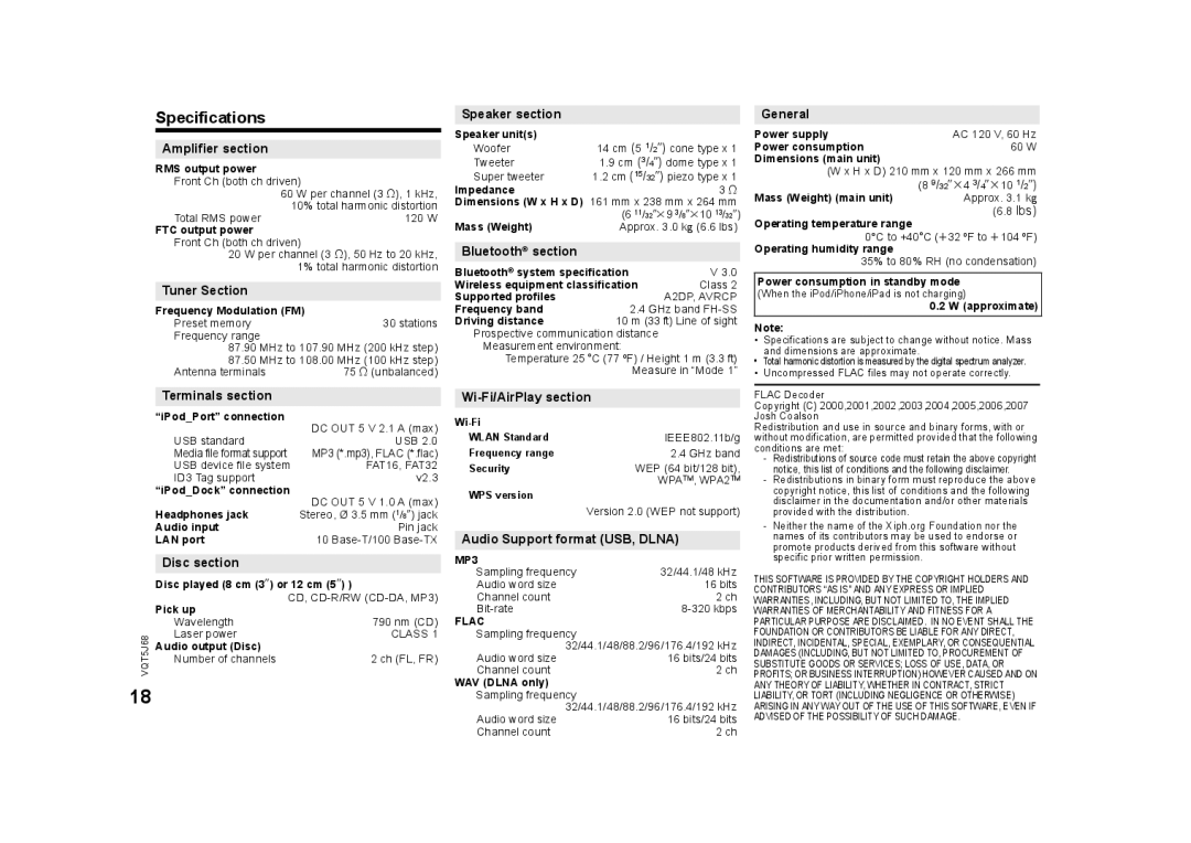 Panasonic SC-PMX9 owner manual Specifications 