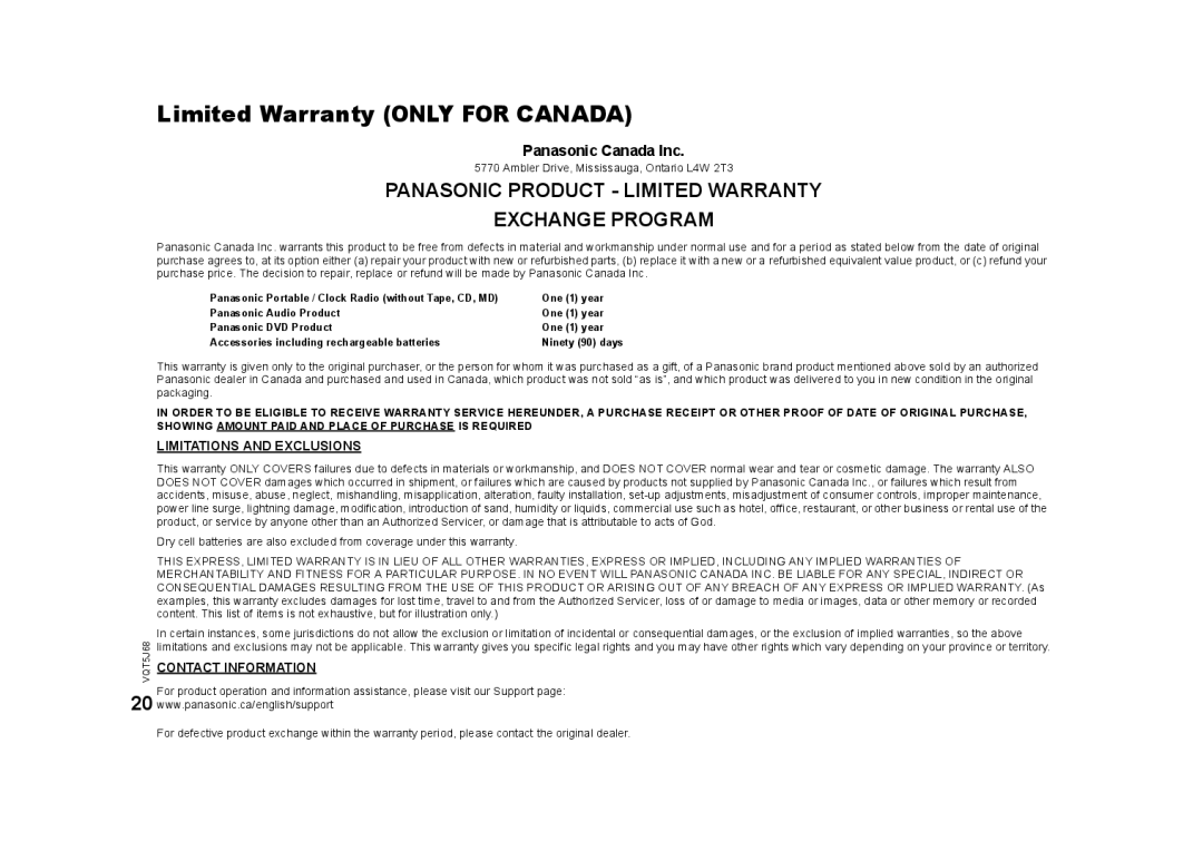 Panasonic SC-PMX9 owner manual Limited Warranty only for Canada, Ambler Drive, Mississauga, Ontario L4W 2T3 