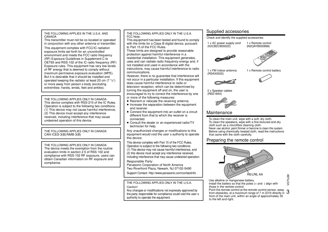 Panasonic SC-PMX9 Supplied accessories, Maintenance, Preparing the remote control, Following Applies only in Canada 