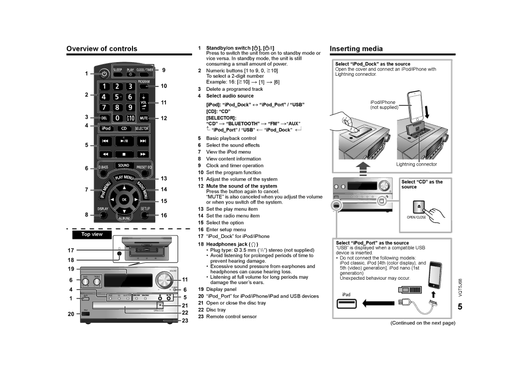 Panasonic SC-PMX9 owner manual Overview of controls, Inserting media, Selector 