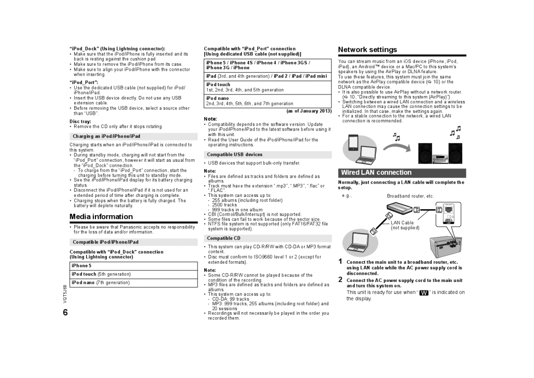 Panasonic SC-PMX9 owner manual Media information, Network settings, Wired LAN connection 