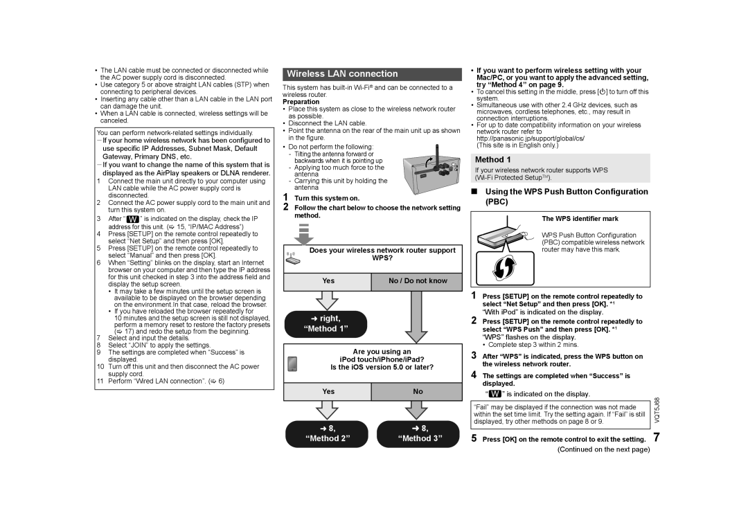 Panasonic SC-PMX9 owner manual Wireless LAN connection, Method, Using the WPS Push Button Configuration PBC, Wps? 