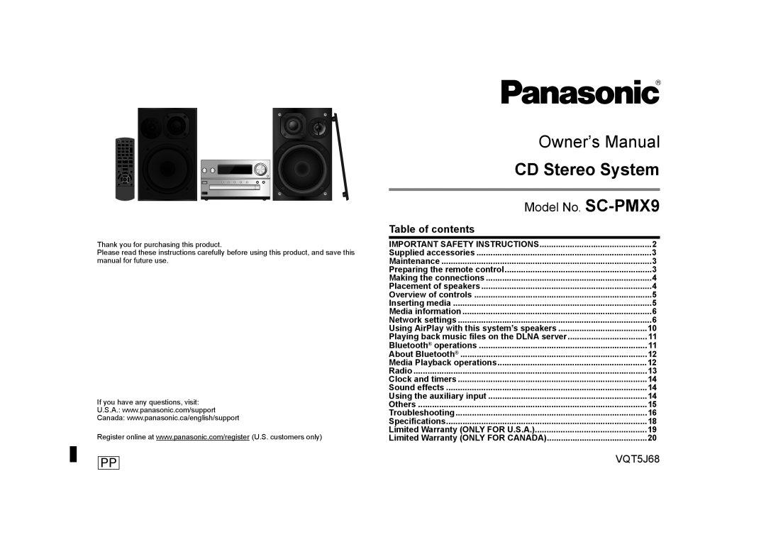 Panasonic owner manual Model No. SC-PMX9, Table of contents, VQT5J68, CD Stereo System 