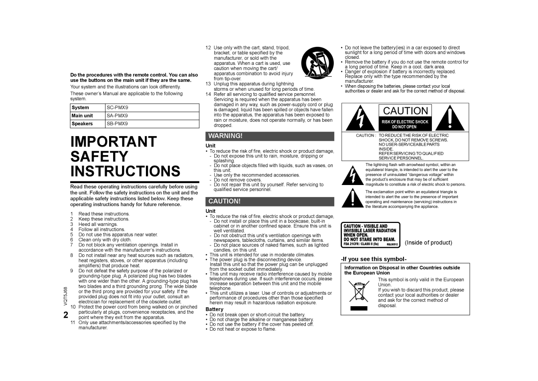 Panasonic SC-PMX9 owner manual Inside of product, Ifyou see this symbol, Important Safety Instructions 