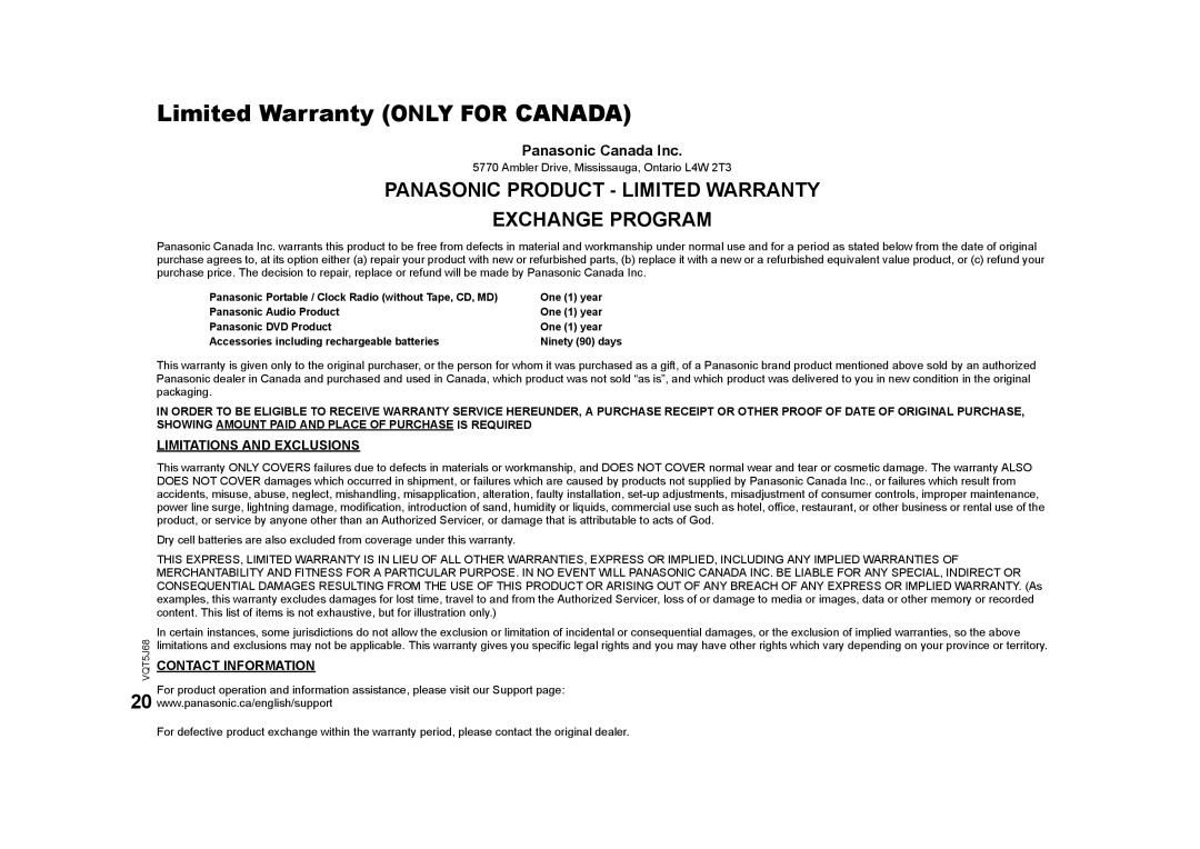 Panasonic SC-PMX9 Panasonic Product - Limited Warranty, Exchange Program, Limitations And Exclusions, Contact Information 